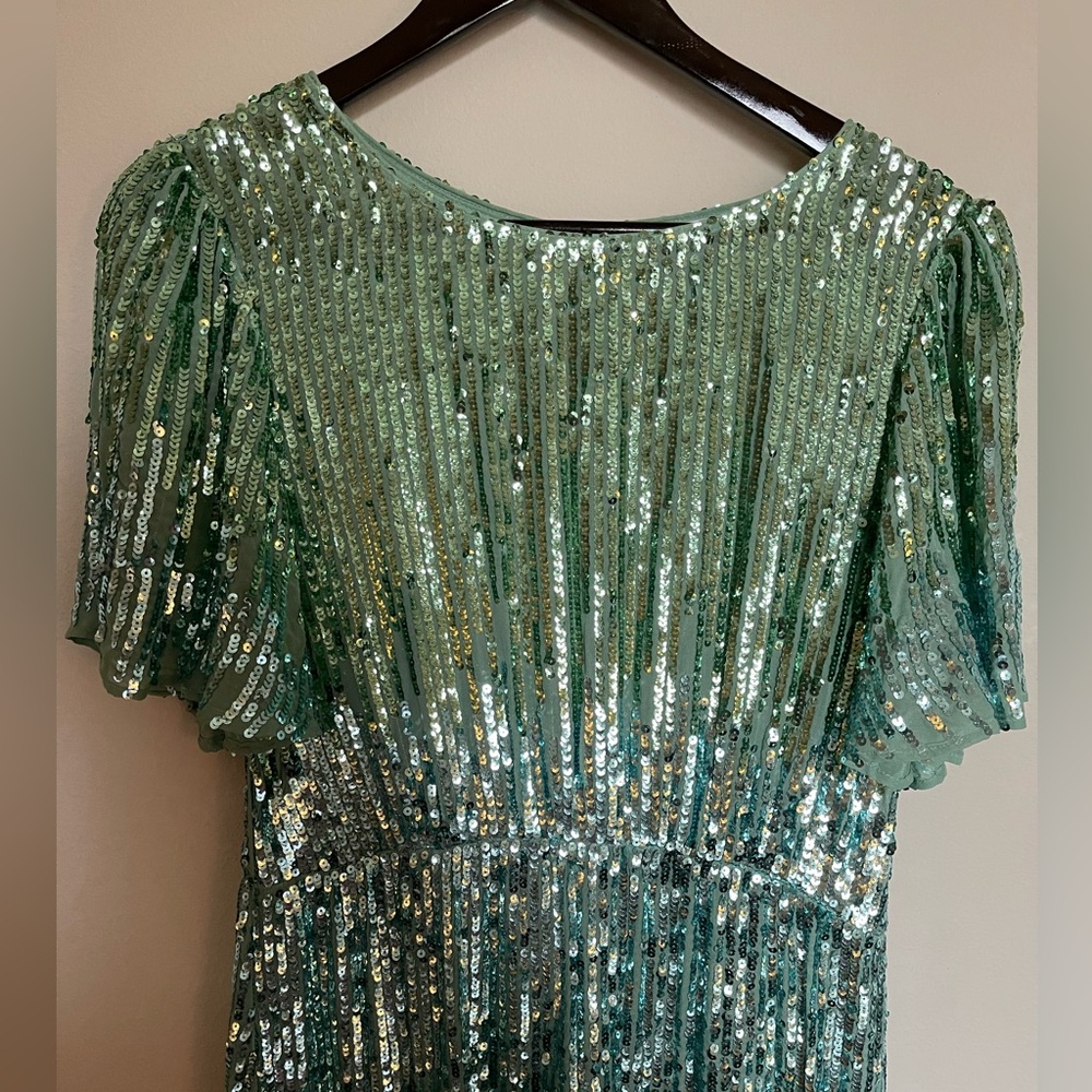 Rixo Sequin Ombré Aqua Turquoise Green Flutter Sleeve Midi Dress Gown - Picture 5 of 10